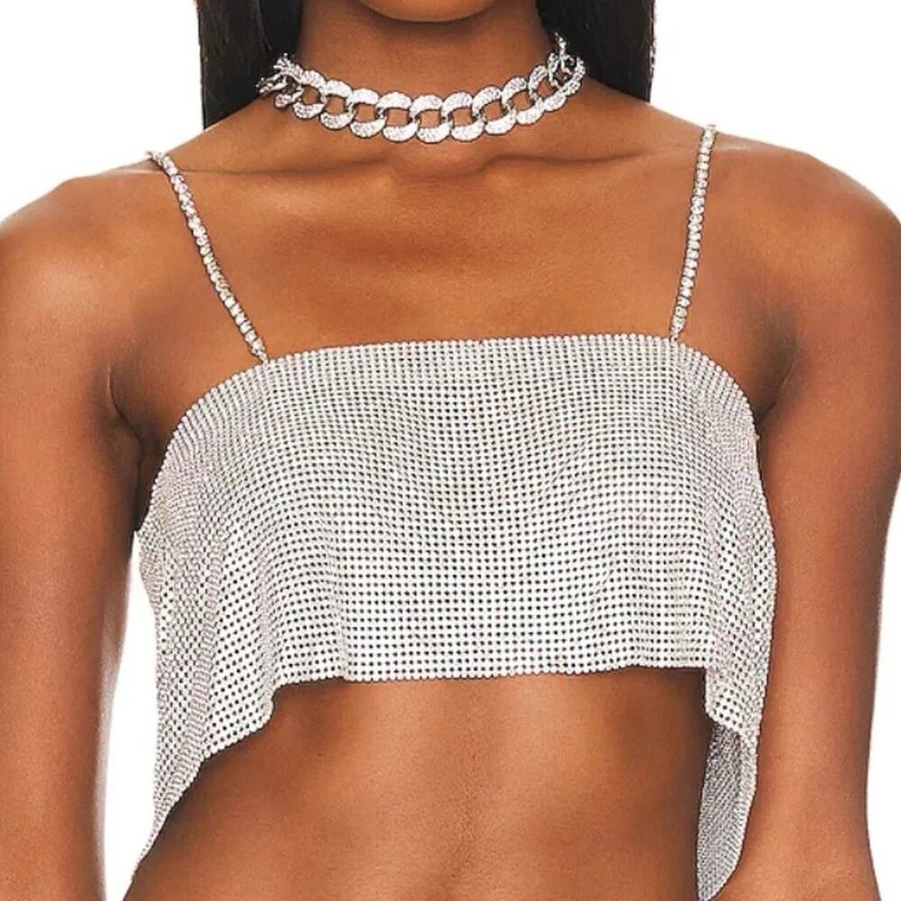 Camila Coelho Noemi Silver Rhinestone Crystal Crop Top M L $ Revolve